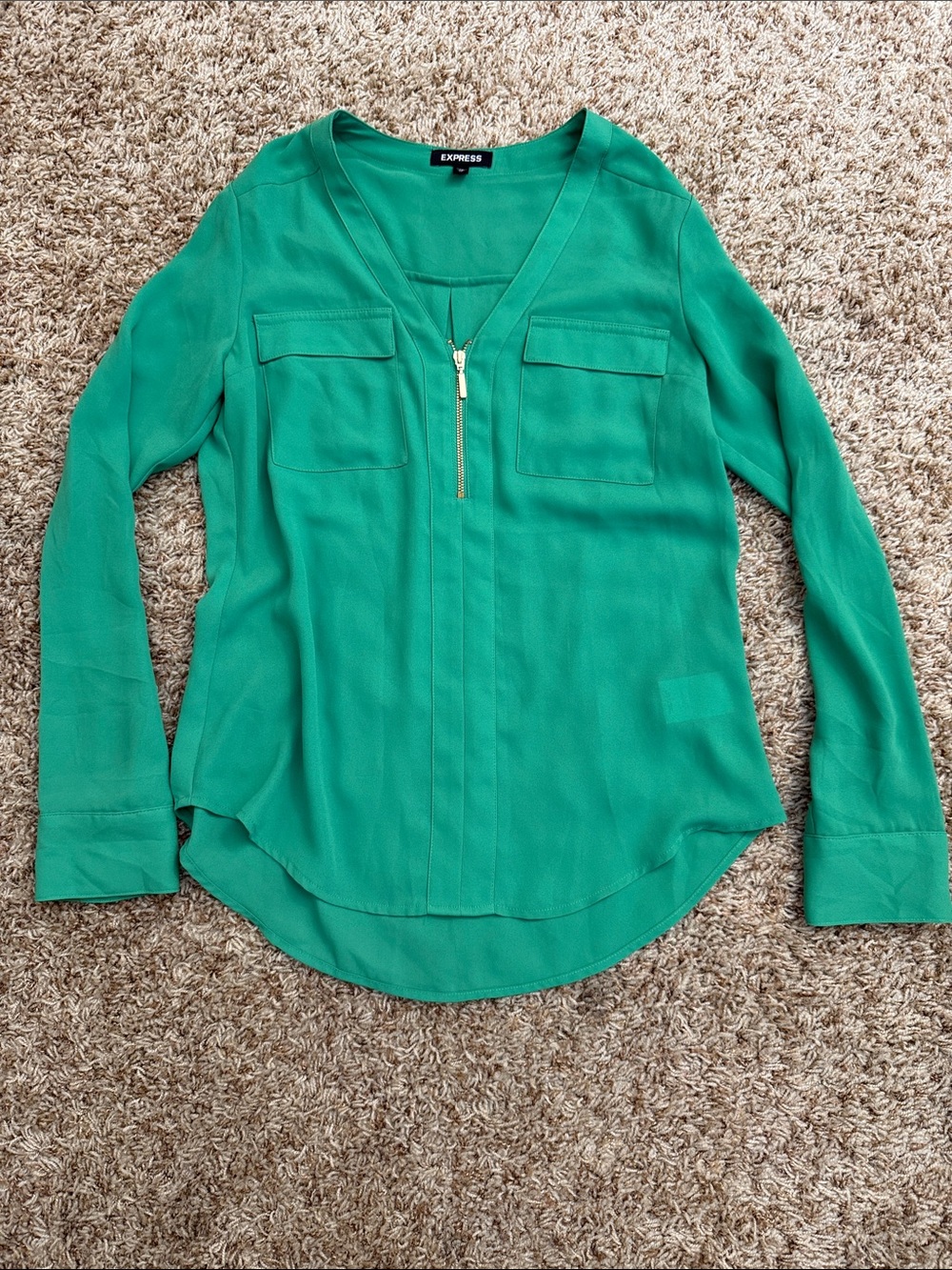 Express Green V-Neck Button-Front Blouse with Gold Zip